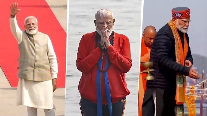 କୁମ୍ଭରେ ପବିତ୍ର ସ୍ନାନ ପରେ ଆରତୀ ପାଇଁ ପଫର ଜ୍ୟାକେଟ୍-ପାହାଡ଼ି ଟୋପି ପିନ୍ଧିଲେ ମୋଦି