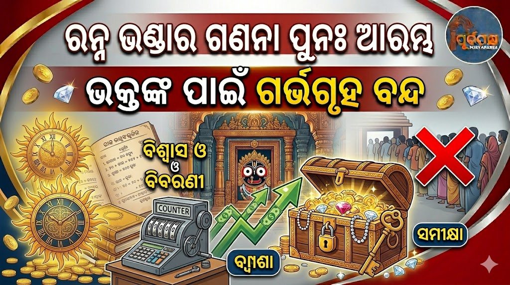 ଶ୍ରୀମନ୍ଦିର ରତ୍ନ ଭଣ୍ଡାର ଗଣନା ପୁନର୍ବାର ଆରମ୍ଭ; ଭକ୍ତଙ୍କ ପାଇଁ ଗର୍ଭଗୃହ ବନ୍ଦ || The temple’s Ratna Bhandar begins again from today; Garbhagriha closed for devotees