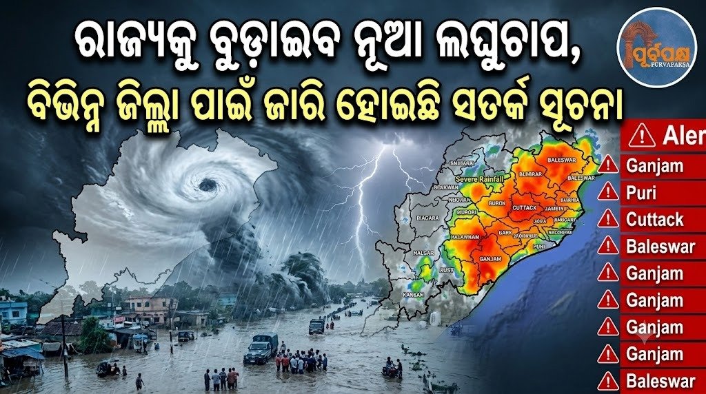 ରାଜ୍ୟକୁ ବୁଡ଼ାଇବ ନୂଆ ଲଘୁଚାପ, ବିଭିନ୍ନ ଜିଲ୍ଲା ପାଇଁ ଜାରି ହୋଇଛି ସତର୍କ ସୂଚନା || New low pressure area to engulf the state, warning issued for various districts