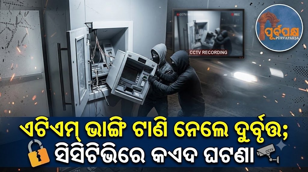 ଏଟିଏମ୍ ଭାଙ୍ଗି ଟାଣି ନେଲେ ଦୁର୍ବୃତ୍ତ; ସିସିଟିଭିରେ କଏଦ ଘଟଣା || Robber breaks and pulls out ATM; incident caught on CCTV