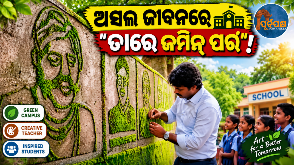 ନା ରଙ୍ଗର ଆବଶ୍ୟକତା ଅଛି, ନା ତୂଳୀର: ବିଦ୍ୟାଳୟ କାନ୍ଥରେ ଜମିଥିବା ଶିଉଳିରୁ ଜୀବନ୍ତ ପ୍ରତିଛବି ଆଙ୍କିଲେ ଅଜୟ ସାର୍ || Neither paints nor a paintbrush were needed: Ajay Sir created vivid images using the moss growing on the school wall.